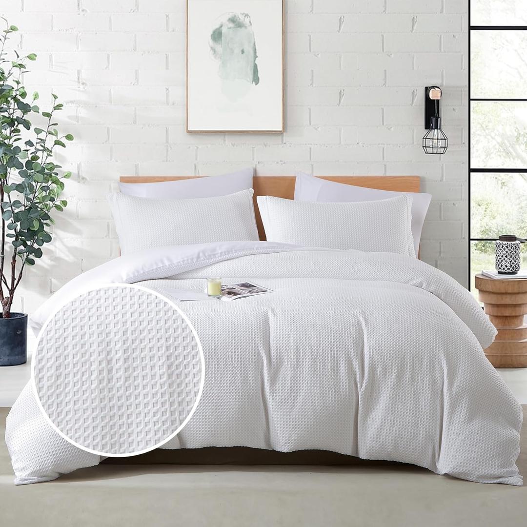 BOLINLIVING Waffle Weave Duvet Cover Full Size, 3PCS Microfiber Duvet Cover with 2 Pillow Shams, White Textured Soft Comforter Cover for All Season with Zipper Closure and Corner Ties
