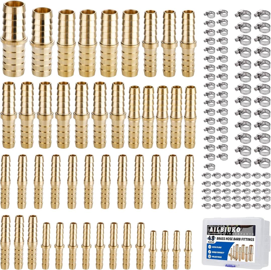 48PCS Brass Hose Barb Fitting,Barb Splicer Mender Hose Fittings 1/8" 3/16" 1/4" 5/16" 3/8" 1/2" 5/8" 3/4" with 96Pcs Stainless Steel Pipe Hose Clamps for Air/Fuel/Water/Oil Hose