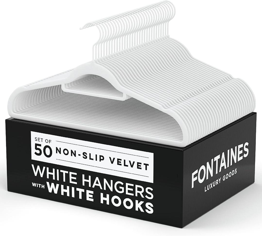Fontaines Luxury White Velvet Felt Non Slip Clothes Hangers 50 Pack - Ultra Slim & Space Saving - Heavy Duty Swivel Hook for Clothing, Suit, Top, Tie, Shirt, Skirt & Pant Organization (Adult)