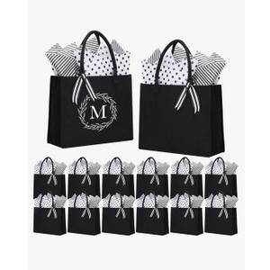 Sanwuta 12 Pack Canvas Tote Bag Bulk Initial Black Canvas Tote Bags with 28 Tissues Sublimation Tote Bag Large Present Bag Reusable Gift Bag for Women Wedding Birthday Beach Holiday