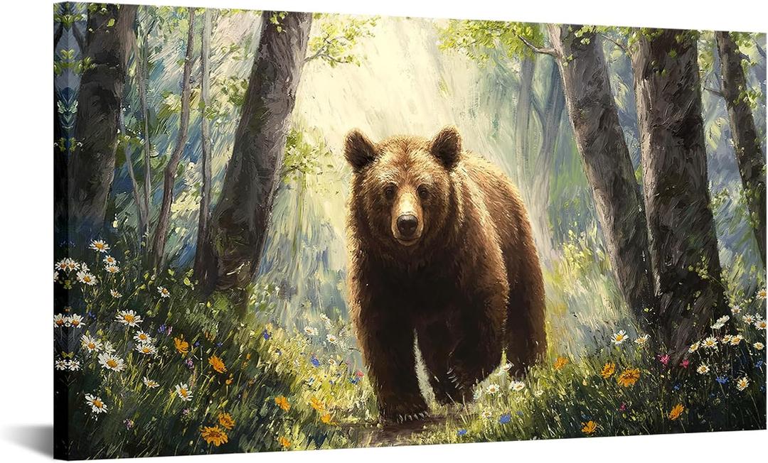 Canvbay Brown Bear Wall Art Canvas Wall Art Wildlife Animal in Forest Paintings Prints Wildflowers Nature Landscape Pictures Poster Gifts for Bear Lover Living Room Bedroom Home Decor 20x35inch