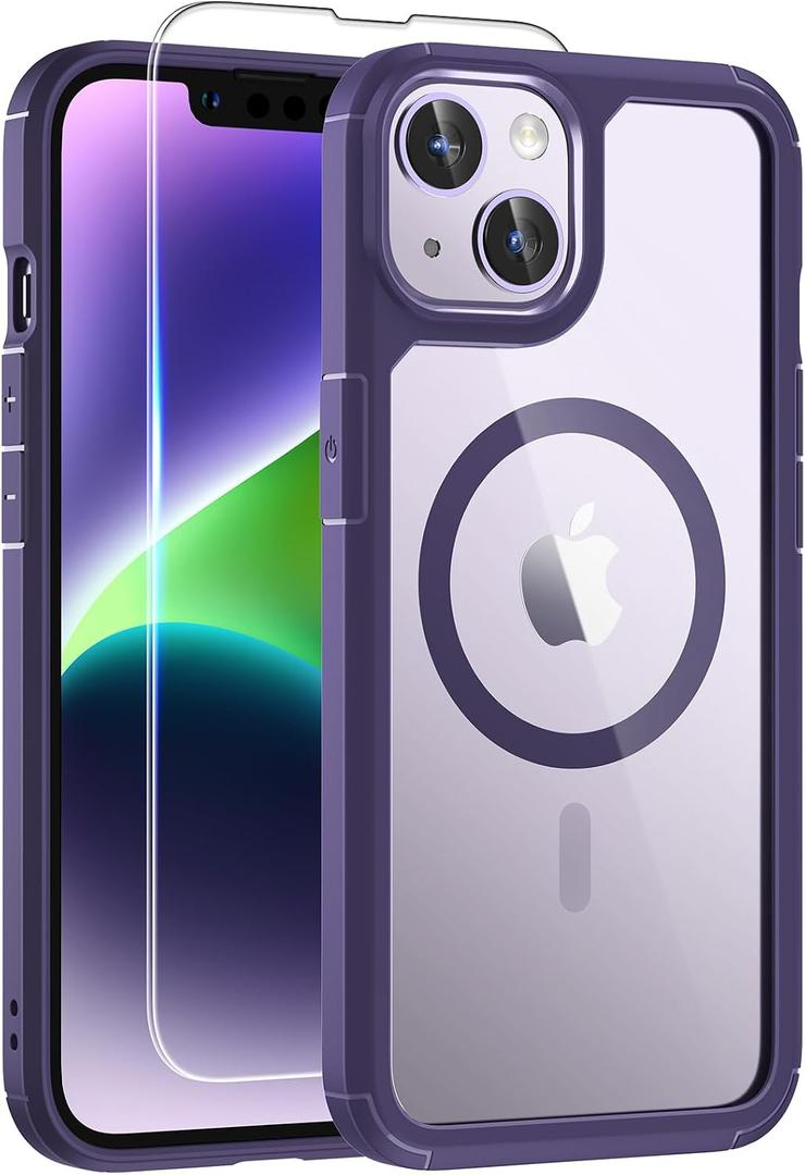 TAURI 2-in-1 Magnetic for iPhone 14 Case, [Designed with Magsafe] with Screen Protector, Shockproof Case for iPhone 14, Purple