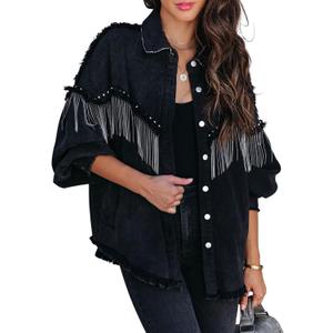 Daacee Oversized Fringe Denim Jacket for Women Frayed Sparkly Tassel Jean Shacket Cowgirl Western Country Concert Outfits (Small, Black)