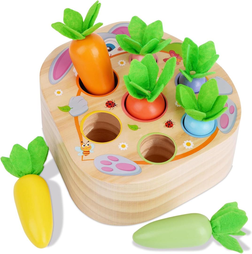 KMTJT Montessori Toys for 1 2 3 Year Old Toddlers, Rabbit Carrot Harvest Game Wooden Toys for 6-12 Months Baby Boys and Girls, Shape Sorting Matching 1st Birthday Easter Gifts for Babies 1-3 (Macron)