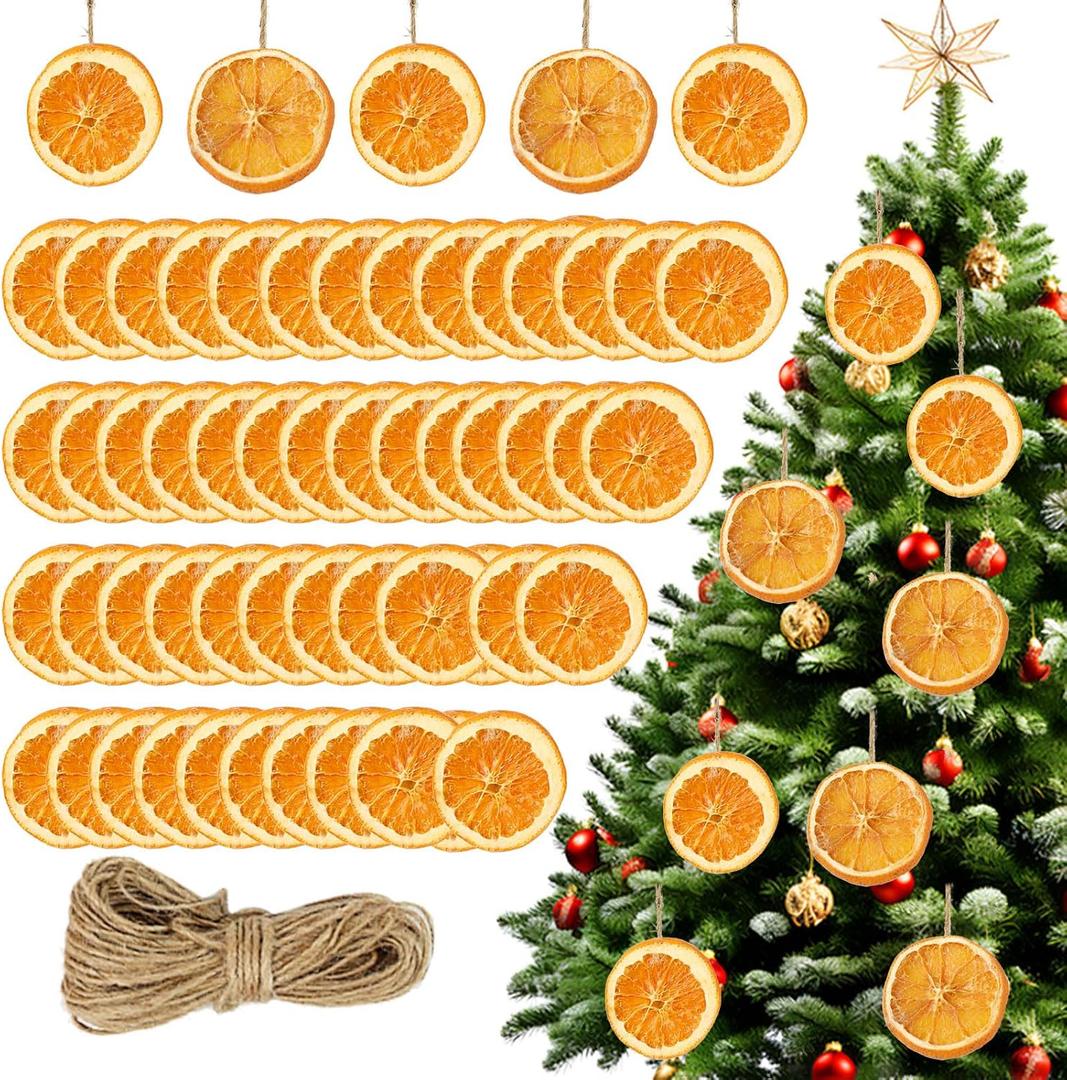 Christmas Decorations, 50 Pcs Dried Orange Slices with Hemp Rope for Crafts | Natural Orange Ornaments for Xmas Tree Mantle Front Door Fireplace Wall Window Porch Farmhouse Home Holiday Party Fall Decor, 1.2-2 inches