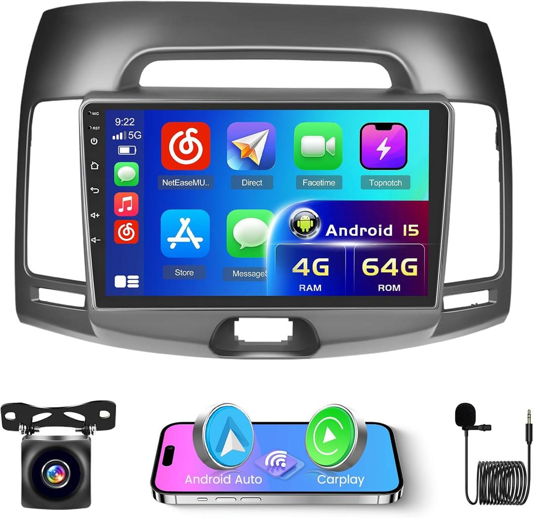 Inefala 4+64G Radio for Hyundai Elantra 2007-2010 CarPlay Stereo Upgrade Android 15 8 Core 9" Touch Screen Android Auto Bluetooth GPS 59UI AHD Backup Camera