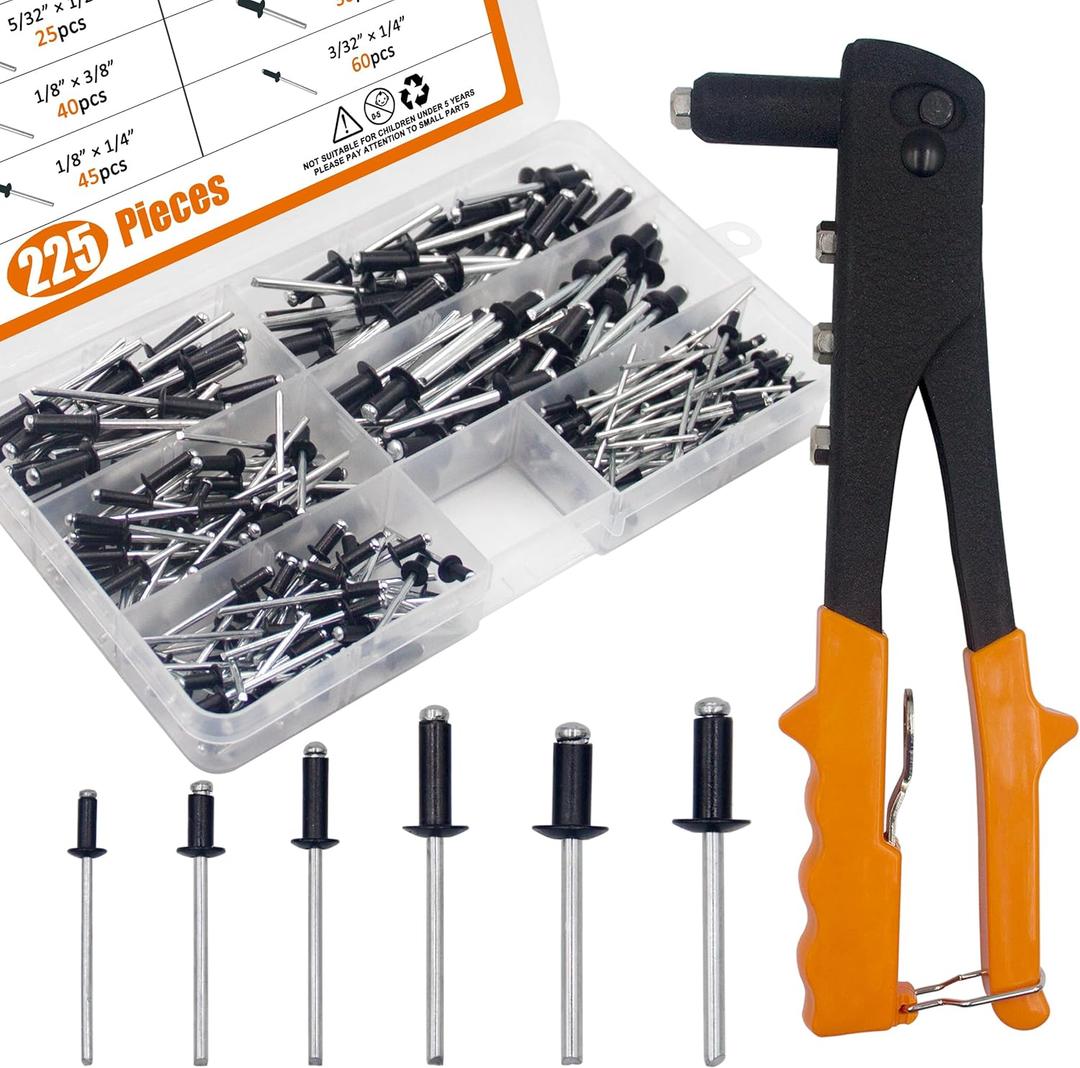 ISPINNER 225pcs Black Aluminum Blind Rivets Assortment Kit with Heavy Duty Hand Riveter RivetGun Tool, 6 Sizes Pop Rivets with Divider & Labeled Case