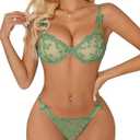 Lilosy Sexy Cute Underwire Push Up Strappy Heart Embroidered Mesh Sheer Lingerie Set for Women Bachelorette See Through Bra and Panty 2 Piece Bow Light Green Medium
