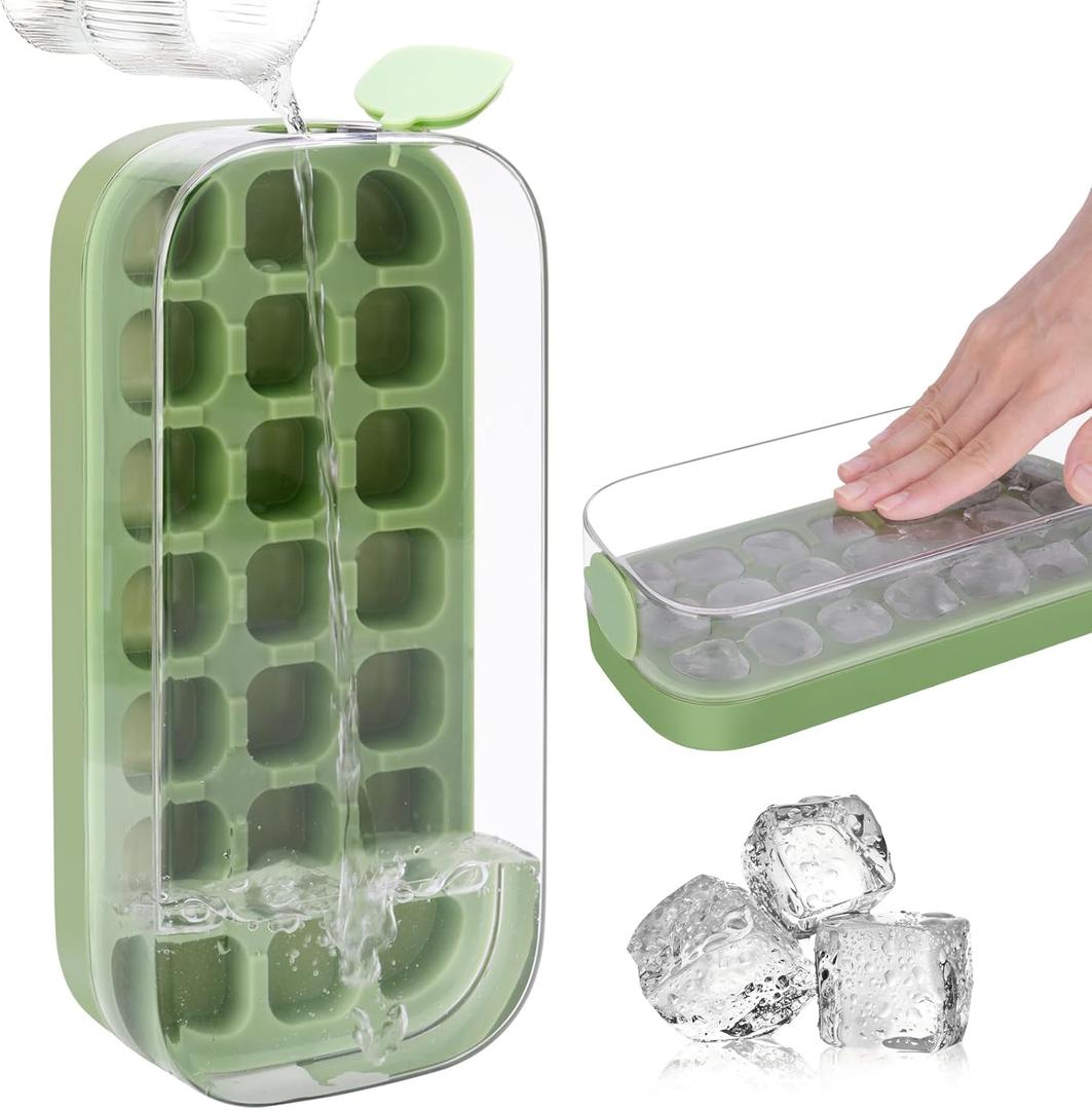 Ice Cube Tray with Lid and Bin 21 Pcs Quick-Fill Ice Cube Mold for Freezer Easy Press to Release Green No-Touch Ice Tray