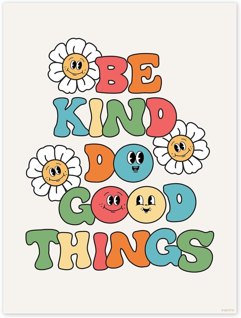 Retro Poster Wall Art Print, Be Kind Poster, Positive Quote Wall Art, Colorful Wall Decor, Cute Room Decor, Rainbow Retro Aesthetic Decor