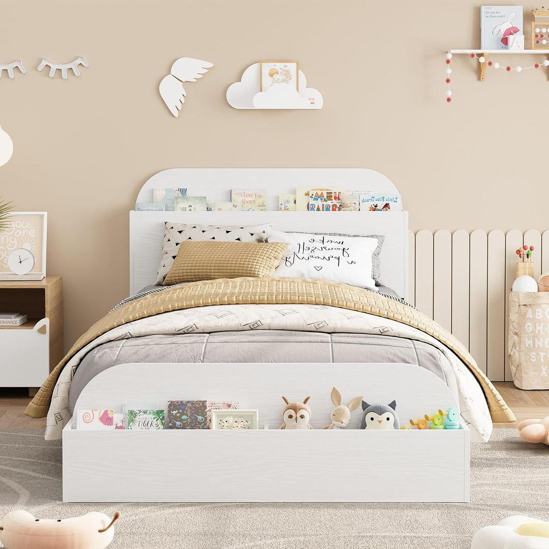 GarveeHome Twin Size Bed Frame, Wooden Beds with Storage Headboard and Raised-Foodboard for Kid, Twin-Floor Low Platform Bed for Bedroom, Sturdy Wooden Slats Support, No Box Spring Needed, White