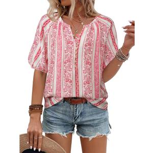 Unixseque Womens Summer Tops V Neck Short Sleeve Blouses Casual Button Down Shirts Floral Boho Clothing Trendy 2025 (XX-Large, Red Stripe)