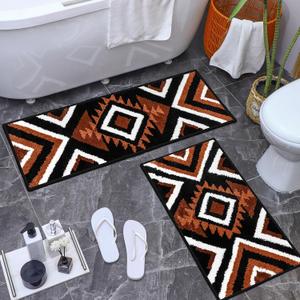 Nuanchu 2 Pcs Western Aztec Bathroom Rugs Boho Aztec Bath Mat Non Slip Geometric Bathroom Decor Soft Absorbent Microfiber Rug for Kitchen, 17" x 47" +16" x 29"(Classic Pattern)