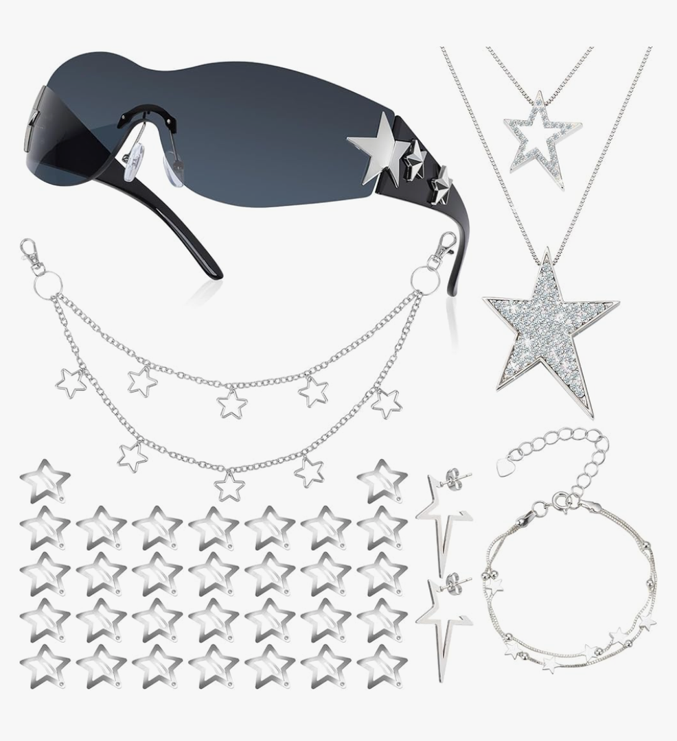 Y2k Accessories Set Included Star Y2k Silver Necklace Grunge Layered Necklace Y2K Sunglasses Star Hair Clip Y2k Silver Hair Clips Keychain Hip Hop Pants Chain Vintage Jewelry Set for Women, Starry Style