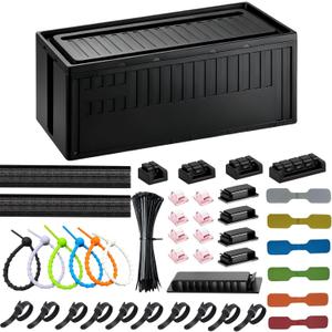 Cable Box - [142Pcs] Cable Management Kit, Medium Cord Hider Box to Conceal Power Strip Holder on Desk or Floor, Under Desk Cable Management Kit Cable Organizer Box, TV Cord Organizer Box, Black