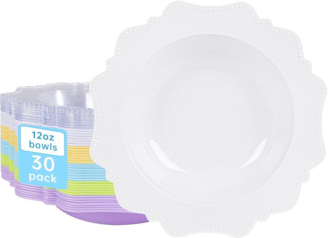 COLOSUS Plastic Multi-color Bowls (30 Pack) 12 Oz Disposable for Party Dessert/Salad Bowl, Fancy Shatterproof Dinnerware for Catering, Holidays, Children Party, and Everyday Use (Lime Green White Light Blue Yellow Lavender Purple Clear)