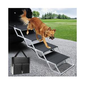 DGSL Dog Ramp for Car, 4-Step Folding Dog Stairs, Aluminum, Black, Supports Up to 250 Lbs