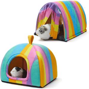 Guinea Pig Hideout Soft Large Bed Tunnel with Door Curtain 2 Pack Guinea Pig Toys Set Bunny Bed Cage Accessories for Small Animals (Rainbow)