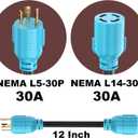 CircleCord NEMA L5-30P to L14-30R Adapter Cord, 4 to 3 Prong Generator Transfer Switch Adapter, 30 Amp Generator Twist Lock 3 to 4 Prong House Inlet Box, STW 10 AWG Blue