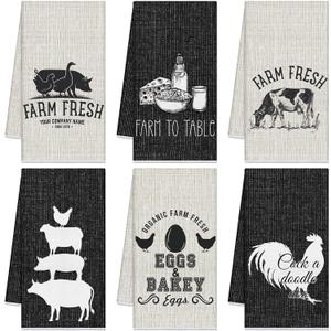 Redbaker 6 Pcs Farm Animal Kitchen Towels Farmhouse Funny Dish Towel Rustic Hand Towels Rooster Cow Pig Decorative Tea Dishcloth Absorbent with Hanging Loop for Kitchen Bathroom Housewarming Gift