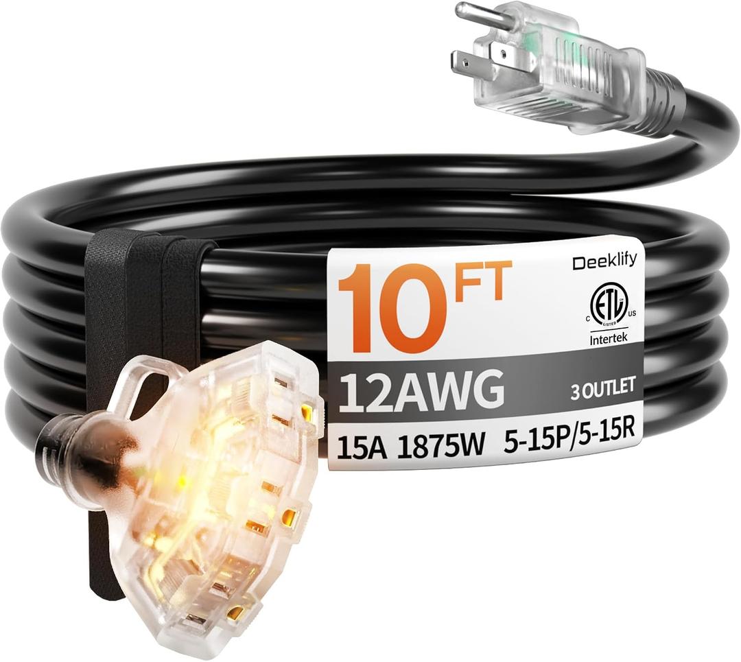 10 ft 12 Gauge 3 Outlet Extension Cord Splitter with Indicator, Waterproof Indoor/Outdoor Extension Cord with Multiple Outlets, 15A 1875W for Home & Workshop, ETL Listed, Flexible Black SJTW
