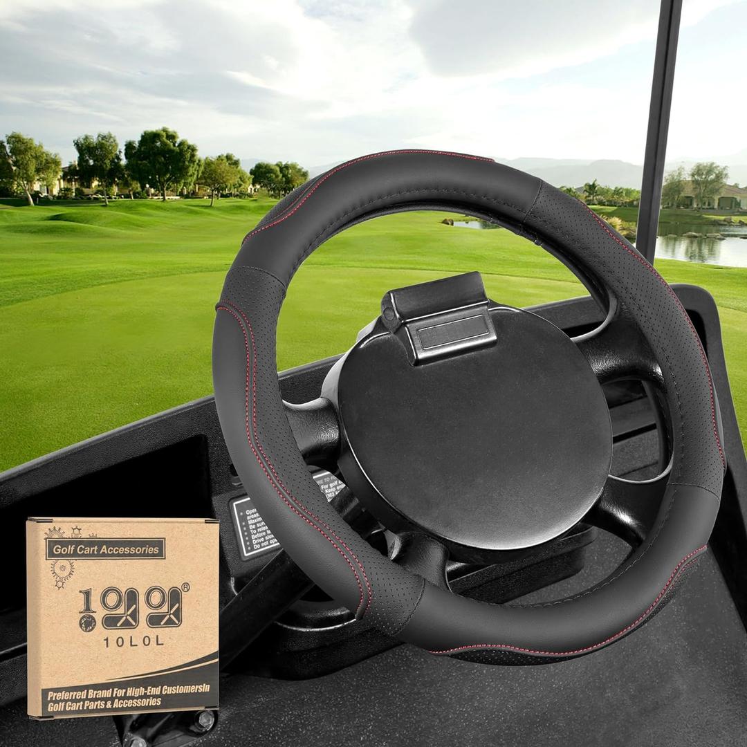 10L0L Golf Cart Steering Wheel Cover-13 Soft and Breathable Anti Slip Leather Steering Wheel Cover,Feels Good in Handling- for EZGO TXT & RXV (Black+ Red)