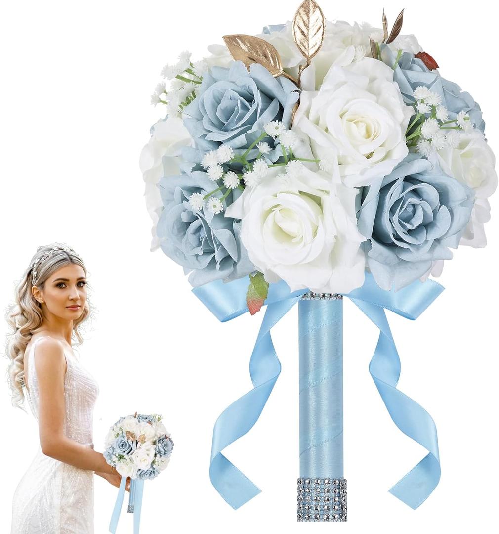 Wedding Bouquets for Bride - Realistic Silk Flowers Artificial Roses, 9 Inch Bridesmaid Bouquet for Ceremony, Church, Anniversary, and Home Decoration (White & Blue)