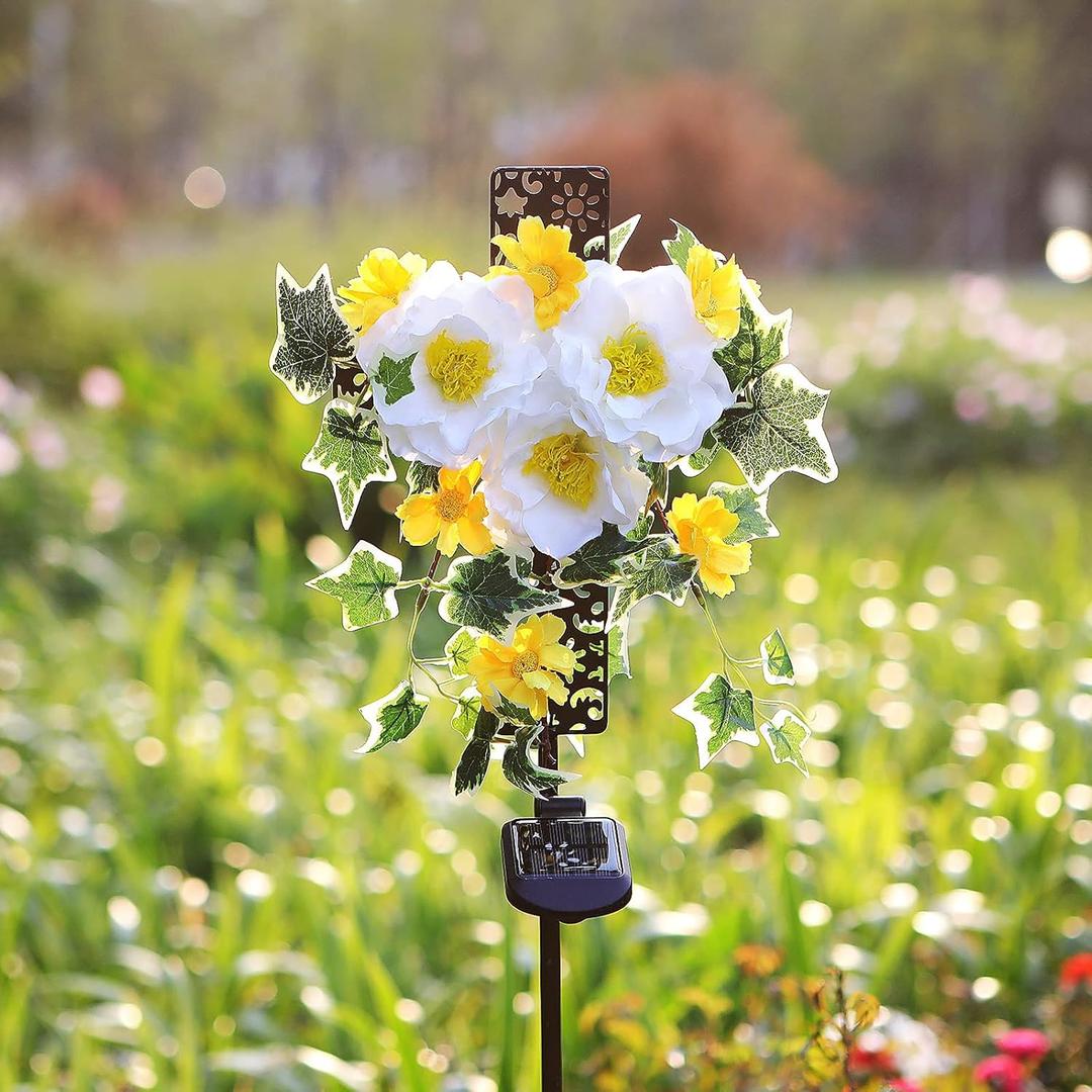 Starryfill Solar Memorial Cross Lights with 3 Flowers, LED Grave Maker, Waterproof Cemetery, 40.5 Inch High Remembrance Sympathy Gifts for Loved Ones