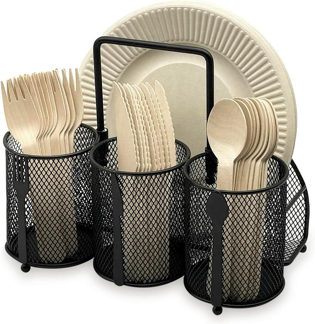 Utensil Caddy Silverware Holder - 4 Compartment Metal Mesh Cutlery Fork Spoon Napkin Plate Organizer Flatware Storage Basket Party Kitchen Countertop Buffet Picnic Camping Outdoor BBQ Black
