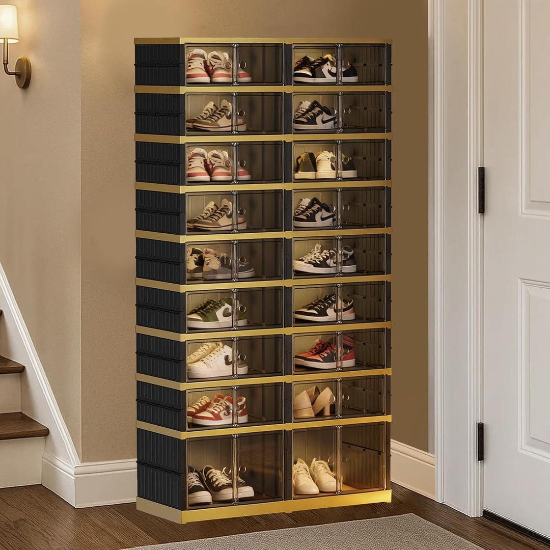 SYNCVIBE Foldable Shoe Rack Organizer - 9 Tiers 36 Pairs Shoe Shelf with Doors, Large Collapsible Shoe Cabinet, Folding Plastic Storage Boxes, Easy Assembly Shoe Storage Bins for Entryway, Black Gold