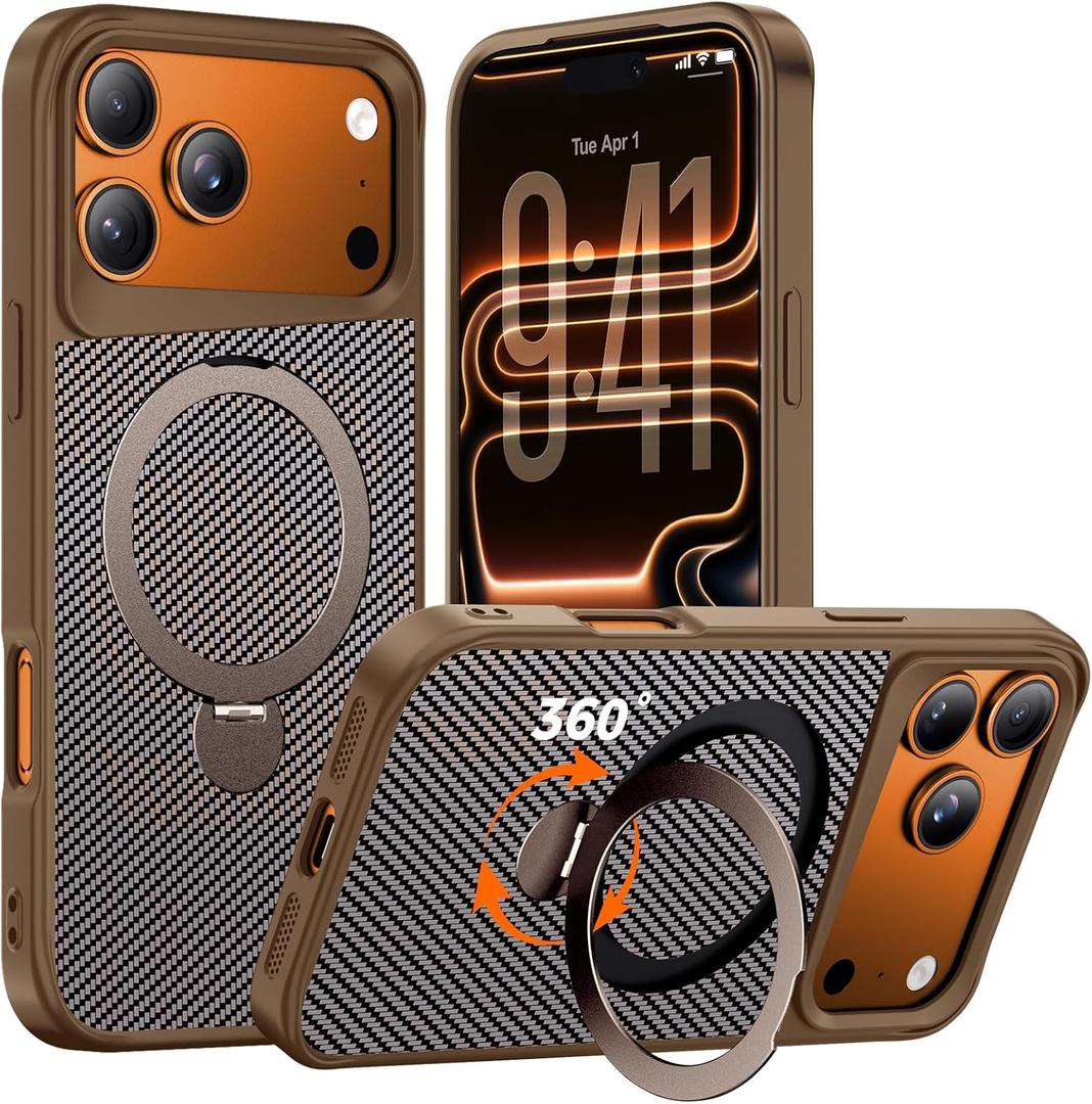 Designed for iPhone 17 Pro Case with 360 Magnetic Stand, Carbon Fiber Phone Case [Compatible with Magsafe] [15FT Military Protection] with Stand Ring 6.3'', Desert Titanium