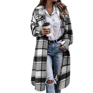 Himosyber Women's Casual Plaid Lapel Woolen Button Up Pocketed Long Shacket Coat (Large, Grey)
