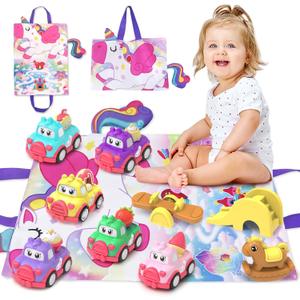 Toddler Car Toys, 10 PCS with Playmat/Storage Bag, Toys for 2-4 Year Olds, Birthday Gift/Christmas (Light Pink)