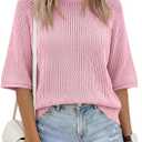 Saodimallsu Womens Short Sleeve Sweaters Crochet Knit Casual Crew Neck Lightweight Summer Trendy Sweater Tops (Pink)