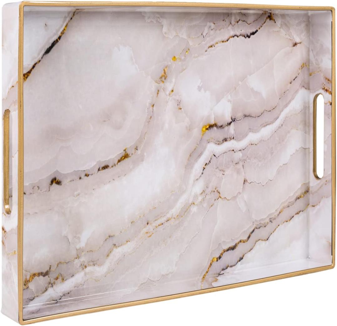 MAONAME Plastic Decorative Tray, Marbling Tray with Handles, Rectangular Coffee Table Trays, Serving Trays for Ottoman, Bathroom, Kitchen, 15.7 x 11.8, White