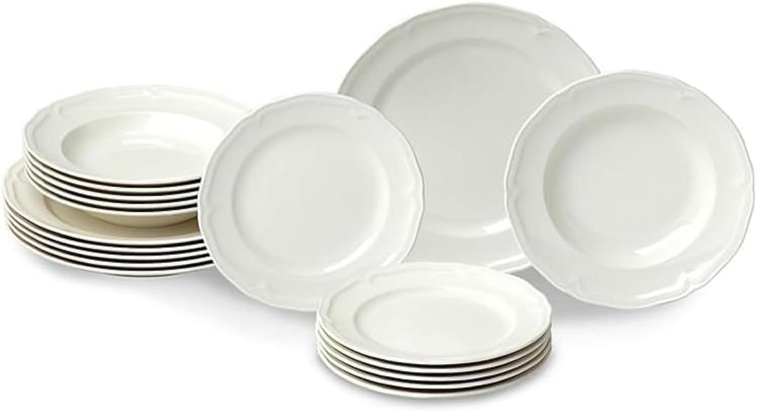 Villeroy & Boch Manoir Collection 18-Piece Dinnerware Set, Plates & Bowls, Premium Porcelain, Made in Germany, Dishwasher & Microwave Safe, Rich, Creamy White