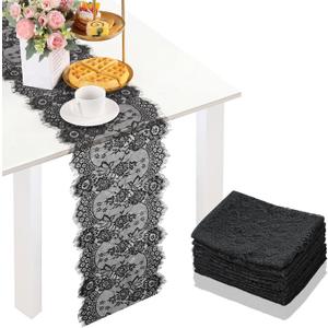 Newwiee 10 Pcs Black Lace Table Runner 14 x 120 Inch Embroidered Floral Cloths Romantic Table Runner for Wedding Bridal Shower Birthday Party Decorations