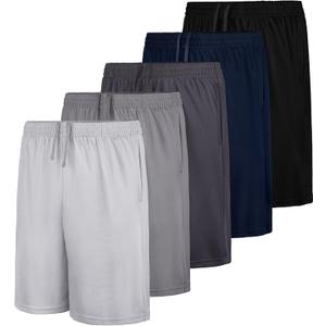 QWE 5 Pack Boys Athletic Shorts, Youth Basketball Soccer Quick Dry Shorts with Pockets for Kids Outdoor Running Gym (Black, L)