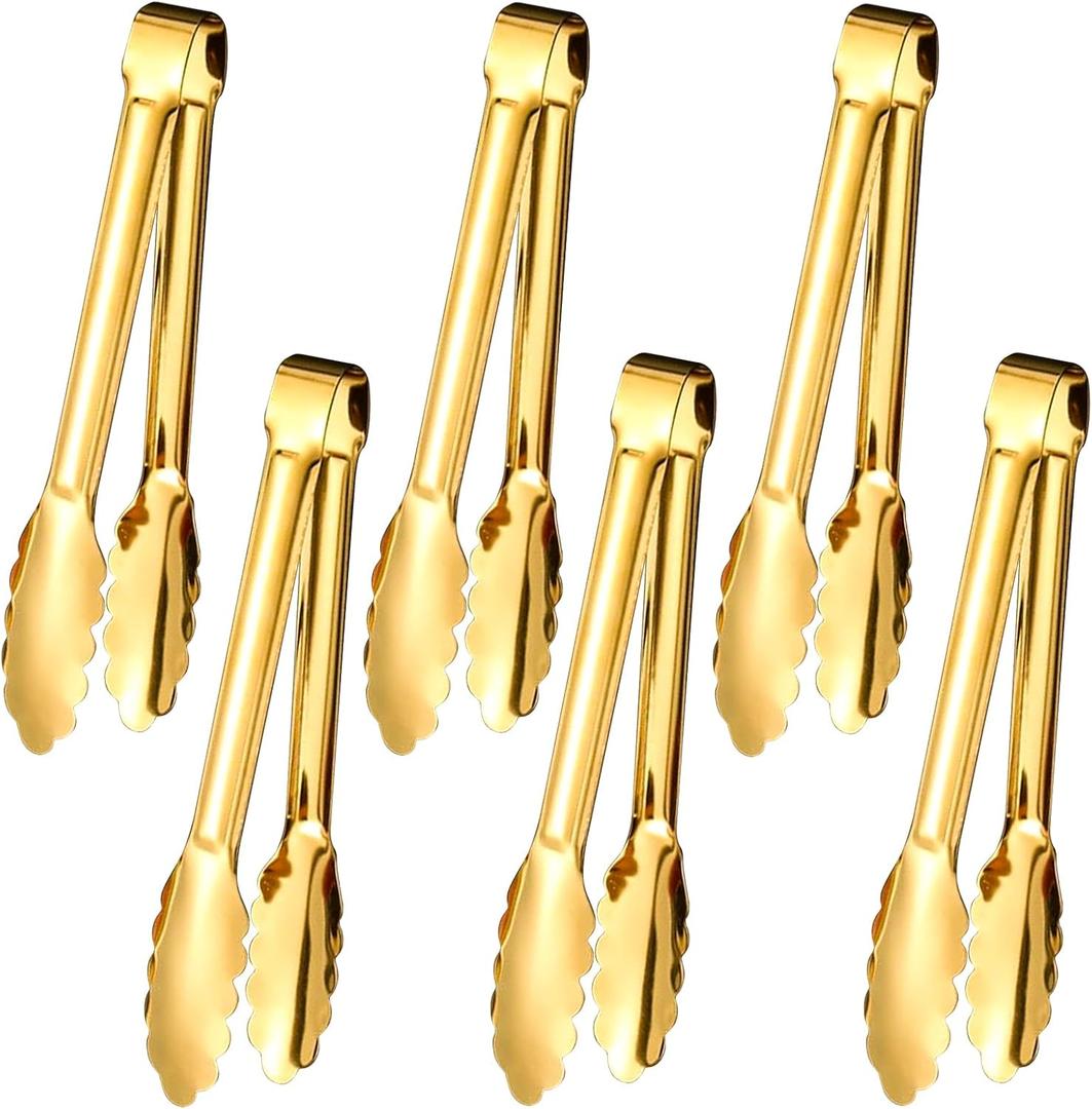 6pcs Stainless Steel Serving Tongs Gold or Silver Plated 9inch Heavy Duty Durable BBQ Clamps Design for Weddings Parties Banquets Buffets Family Gatherings Kitchen Cooking Serving Clip