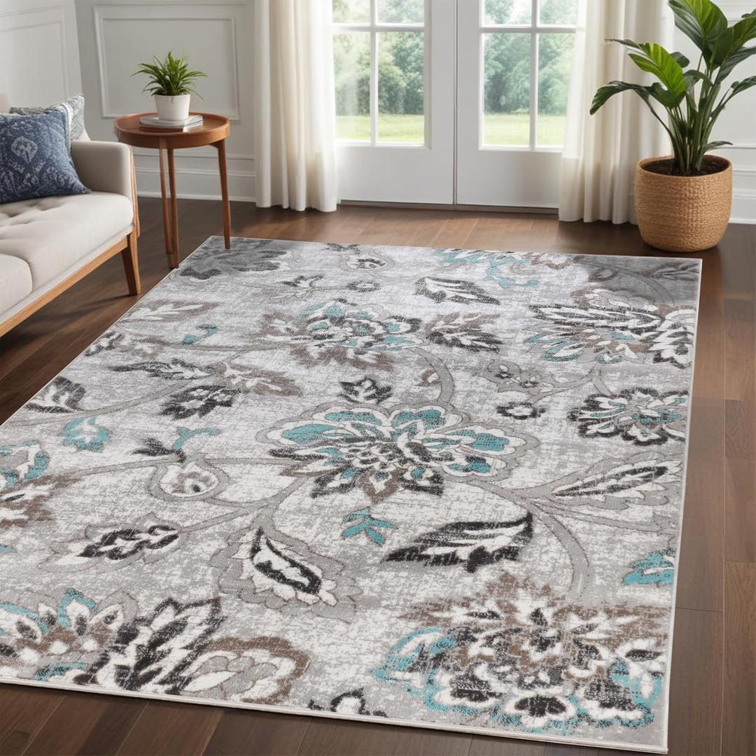 Superior Indoor Large Area Rug for Hallways, Entry, Office, Living/Bedroom, Hardwood, Tile, Floor Cover, Plush Carpet Cover, Modern Farmhouse Floral Decor, Jacobean Collection, 5' x 8', Blue Ivory
