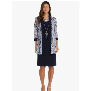 R&M Richards 2PC Puff Print Jacket W/Solid Shift Dress & Detachable Necklace, Size 6, Navy/Lavender