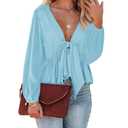 Fanway&EC Women's Long Sleeve V Neck Blouses Babydoll Tie Front Shirts Ruffle Hem Casual Crop Tops XL