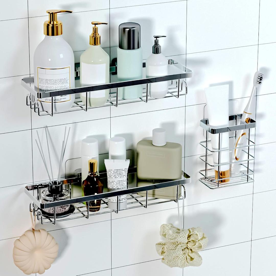 Shower Caddy Organizer with Hooks,Self Adhesive Bathroom Shelves,Shower Shelves,No Drilling Bathroom Organizers and Storage,Perfect for RV, Apartment, Home Decor,Silvery 3PK