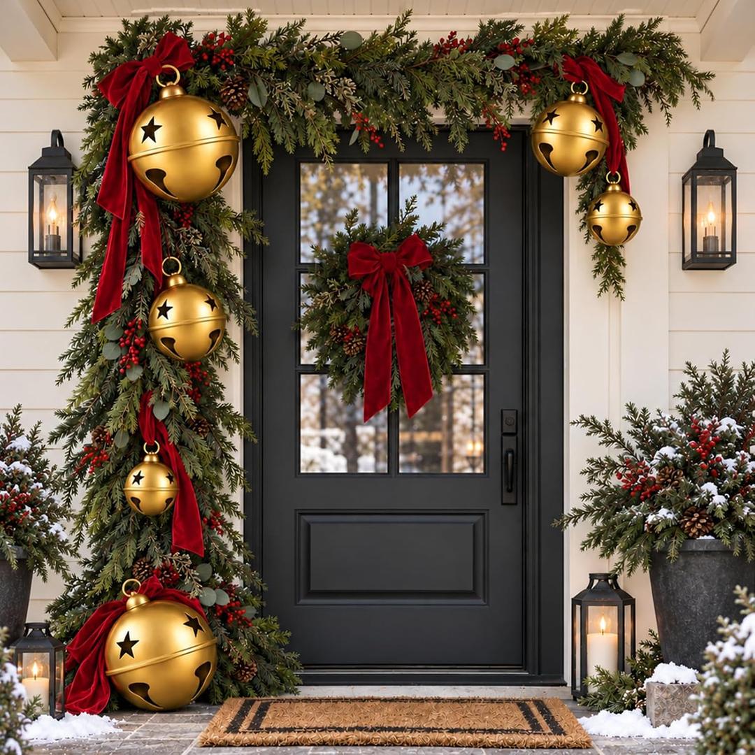 JOICEE Set of 6 Large Metal Jingle Bells Golden Giant Christmas Iron Bells | 3 Sizes Star Cutout Jingle Bells with Jute Hanging Rope for Christmas Indoor Outdoor Porch Mantel Tree Decor(5" 6.3" 8")