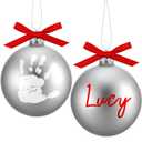 Soaoo 2 Pcs Christmas Hanging Baby Handprint Ball Ornament Kit Included Ribbon Marker 4 Inch Glass Footprint DIY Ornament Christmas Newborn Holiday Keepsake for Xmas Tree Home Decor(Sliver)
