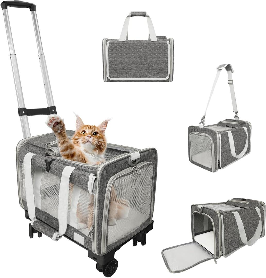 Pet Carrier with Wheels Up to 25 lbs Airline Approved Dog Carrier Rolling Pet Carrier w/Removable Wheels & Washable Plush Mat Pet Travel Carrier with Telescopic Handle & Shoulder Strap (Grey)