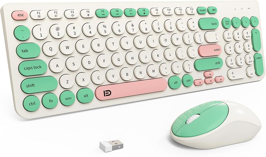 FD Wireless Keyboards and Mouse Combo - 2.4GHz USB Cordless, Cute Wireless Keyboard Round Keys, Quiet and Slim Set for Laptop, Computer, TV and Mac - Milky White Green Colorful (IK6632 White Green Colorful)