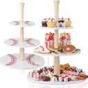 Domensi 2 Pcs 3 Tier Baseball Serving Tray Wooden Baseball Cupcake Stand Displays Plate Board Reusable Cupcake Serving Tower Holder Decoration for Sport Theme Game Tailgate Birthday Party Supplies