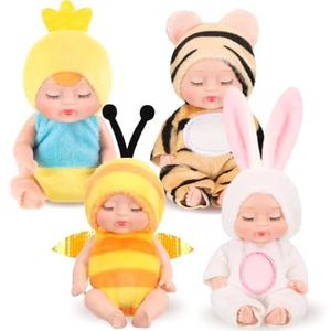 Hanaive 4 Pcs 4 Inch Mini Baby Dolls Lifelike Realistic Baby Dolls Animal Clothes Cute Tiny Gifts for Kids Birthday Party(Vivid Style)