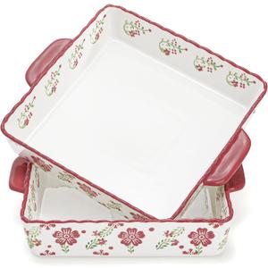 Coloch 2 Pack Ceramic Baking Dishes for Oven, 9 Inch Square Baking Pan with Handle Casserole Dish Lasagna Pan Bakeware Cake Pans for Lasagna, Casserole, Roasted Meat, Brownies, Red